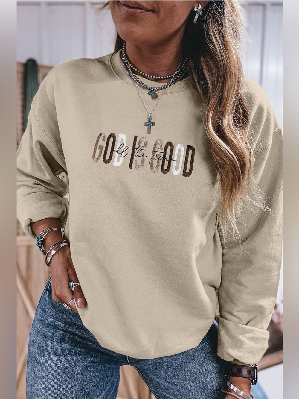 God Is Good Letter Graphic Crew Neck Sweatshirt